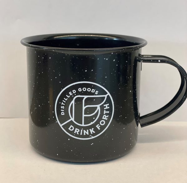 Drink forth mug in black with logo. Forth Distilled Goods Bend, Oregon.